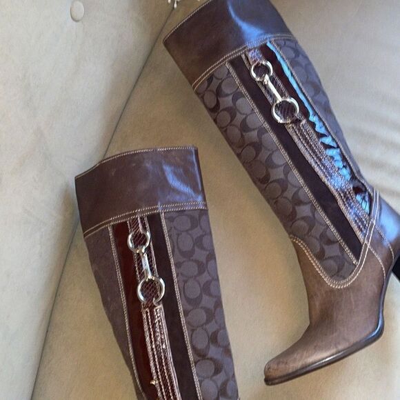 RARE Coach Yvette Tall Leather & Logo Fabric Mixed Media Boots sz 7.5 - Brown - Picture 2 of 13
